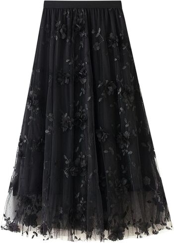 Womens Floral Tulle Skirts High Waisted A-Line Mesh Skirt Embroidery Layered Fairy Skirts Party Casual Outfits in Saudi Arabia