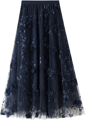 Womens Floral Tulle Skirts High Waisted A-Line Mesh Skirt Embroidery Layered Fairy Skirts Party Casual Outfits in Saudi Arabia