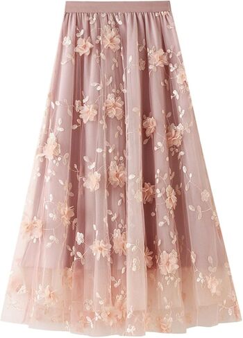 Womens Floral Tulle Skirts High Waisted A-Line Mesh Skirt Embroidery Layered Fairy Skirts Party Casual Outfits in Saudi Arabia