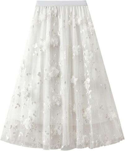Womens Floral Tulle Skirts High Waisted A-Line Mesh Skirt Embroidery Layered Fairy Skirts Party Casual Outfits in Saudi Arabia