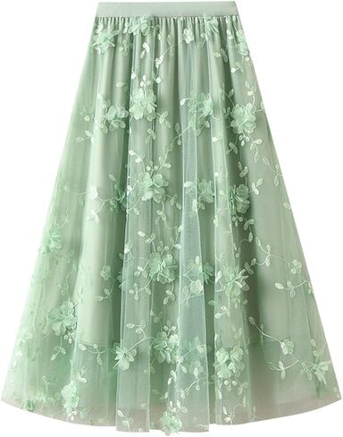 Womens Floral Tulle Skirts High Waisted A-Line Mesh Skirt Embroidery Layered Fairy Skirts Party Casual Outfits in Saudi Arabia