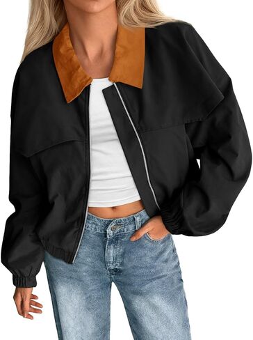 Tankaneo Womens Cropped Barn Jackets Zip Up Lapel Oversized Bomber Jackets Lightweight Trendy Casual Utility Short Coats in Saudi Arabia