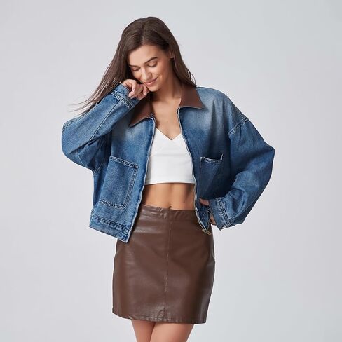 D-Sun Women's Denim Jackets Leather Collar Long Sleeve Zipper Cropped Jean Jacket Denim Coat With Pockets in Saudi Arabia