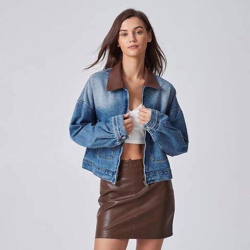 D-Sun Women's Denim Jackets Leather Collar Long Sleeve Zipper Cropped Jean Jacket Denim Coat With Pockets in Saudi Arabia