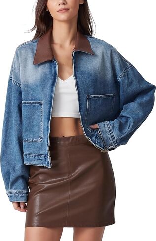 D-Sun Women's Denim Jackets Leather Collar Long Sleeve Zipper Cropped Jean Jacket Denim Coat With Pockets in Saudi Arabia