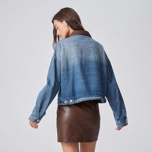 D-Sun Women's Denim Jackets Leather Collar Long Sleeve Zipper Cropped Jean Jacket Denim Coat With Pockets in Saudi Arabia