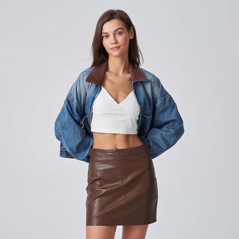 D-Sun Women's Denim Jackets Leather Collar Long Sleeve Zipper Cropped Jean Jacket Denim Coat With Pockets in Saudi Arabia