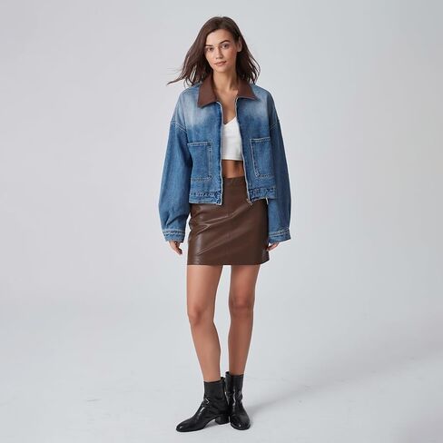 D-Sun Women's Denim Jackets Leather Collar Long Sleeve Zipper Cropped Jean Jacket Denim Coat With Pockets in Saudi Arabia