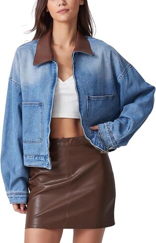 D-Sun Women's Denim Jackets Leather Collar Long Sleeve Zipper Cropped Jean Jacket Denim Coat With Pockets in Saudi Arabia