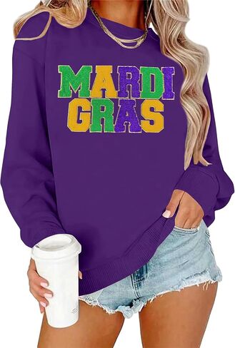 PECHAR Mardi Gras Outfit for Women: Mardi Gras Embroidery Sweatshirt New Orleans Party Carnival Long Sleeve Tees Tops in Kuwait