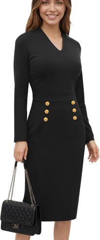 Women's Fall V Neck Business Work Dress Long Sleeve Bodycon Midi Elegant Office Sheath Dress in Saudi Arabia