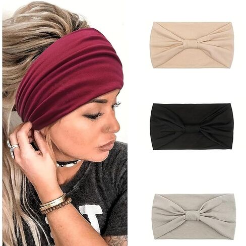 3 Pcs Hairbands for Women Workout Yoga Twisted Knotted Wide Headbands Soft Fashion Elastic Solid Headwrap Lady’s Sports Hair Accessories Band(Beige,Black,Gray) in Saudi Arabia