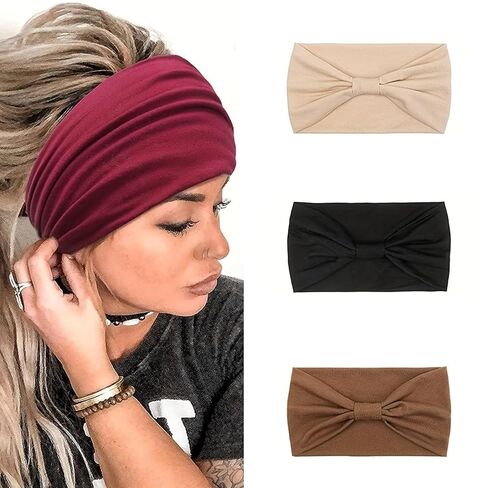 3 Pcs Hairbands for Women Workout Yoga Twisted Knotted Wide Headbands Soft Fashion Elastic Solid Headwrap Lady’s Sports Hair Accessories Band(Beige,Black,Gray) in Saudi Arabia