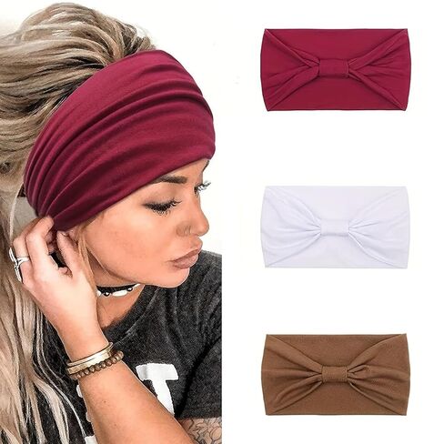 3 Pcs Hairbands for Women Workout Yoga Twisted Knotted Wide Headbands Soft Fashion Elastic Solid Headwrap Lady’s Sports Hair Accessories Band(Beige,Black,Gray) in Saudi Arabia