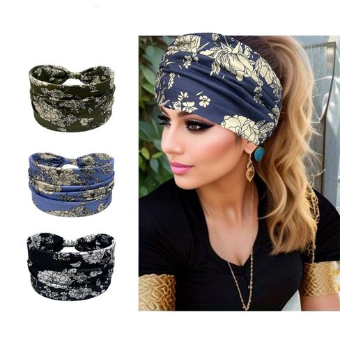 3 Pcs Hairbands for Women Workout Yoga Twisted Knotted Wide Headbands Soft Fashion Elastic Solid Headwrap Lady’s Sports Hair Accessories Band(Beige,Black,Gray) in Saudi Arabia