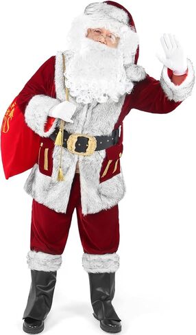 Santa Claus Costume for Men, Deluxe 11pcs Professional Christmas Velvet Santa Suit Cosplay Outfit Plus Size for Adult in Saudi Arabia