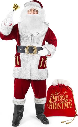 Santa Claus Costume for Men, Deluxe 11pcs Professional Christmas Velvet Santa Suit Cosplay Outfit Plus Size for Adult in Saudi Arabia