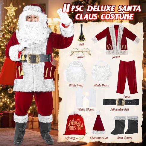 Santa Claus Costume for Men, Deluxe 11pcs Professional Christmas Velvet Santa Suit Cosplay Outfit Plus Size for Adult in Saudi Arabia