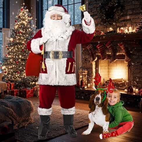 Santa Claus Costume for Men, Deluxe 11pcs Professional Christmas Velvet Santa Suit Cosplay Outfit Plus Size for Adult in Saudi Arabia