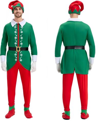 6PCS Elf Costume for Men Christmas Coat Glove Hat Foot cover Pants Belt Deluxe Santa Suit Adult Costumes HolidayCosplay in Saudi Arabia