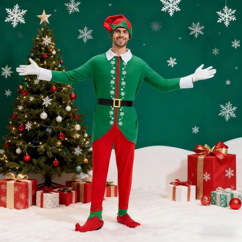 6PCS Elf Costume for Men Christmas Coat Glove Hat Foot cover Pants Belt Deluxe Santa Suit Adult Costumes HolidayCosplay in Saudi Arabia