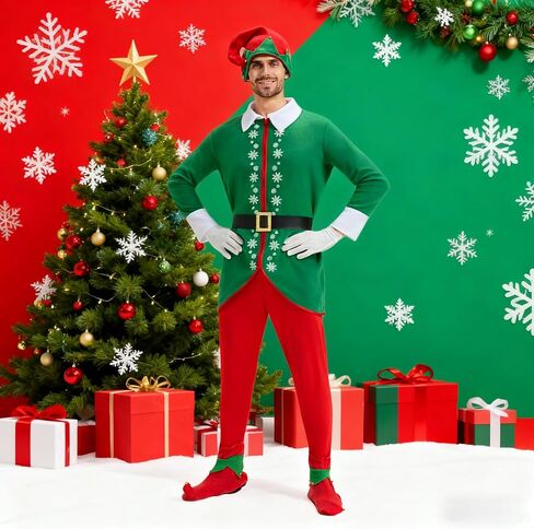6PCS Elf Costume for Men Christmas Coat Glove Hat Foot cover Pants Belt Deluxe Santa Suit Adult Costumes HolidayCosplay in Saudi Arabia
