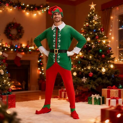 6PCS Elf Costume for Men Christmas Coat Glove Hat Foot cover Pants Belt Deluxe Santa Suit Adult Costumes HolidayCosplay in Saudi Arabia
