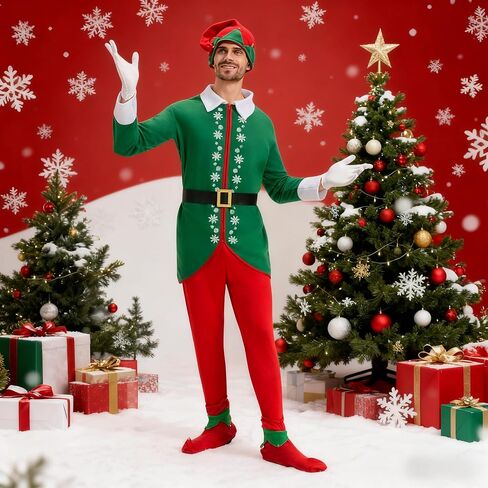 6PCS Elf Costume for Men Christmas Coat Glove Hat Foot cover Pants Belt Deluxe Santa Suit Adult Costumes HolidayCosplay in Saudi Arabia
