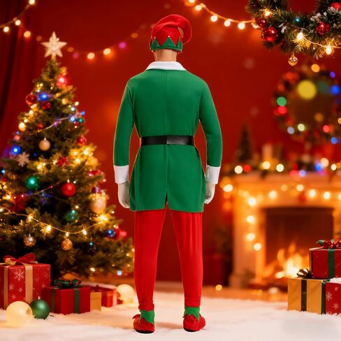 6PCS Elf Costume for Men Christmas Coat Glove Hat Foot cover Pants Belt Deluxe Santa Suit Adult Costumes HolidayCosplay in Saudi Arabia