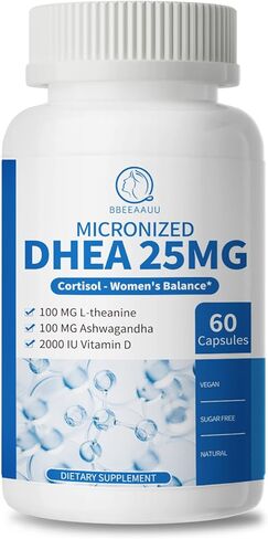 مكمل DHEA للنساء بعمر 40+ والرجال، يدعم توازن الهرمونات*، DHEA 25 مجم (كبسولة في كبسولة)، مع إل-ثيانين، أشواغاندا، نباتي، غير معدل وراثيًا، خالي من الغلوتين، خالي من الصويا، 60 كبسولة in Kuwait
