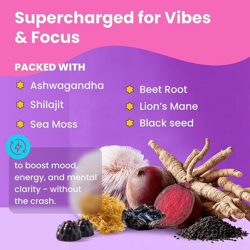 Shilajit Gummies for Energy & Focus – Ashwagandha, Beet Root, Lion’s Mane, Sea Moss & Black Seed – Vegan, Halal-Certified Adaptogen Supplement for Daily Performance & Calm – 60 Gummies in Saudi Arabia