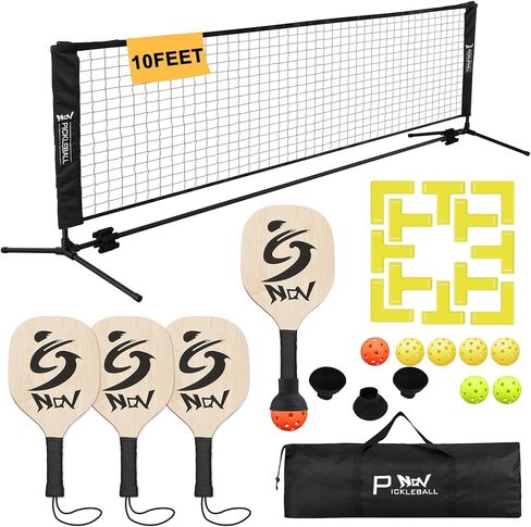 NQV Pickleball Set with Net,10FT Half Court Size Pickleball Net Portable Outdoor Indoor Driveway Home+4 Wood Paddles+4 Pickle Balls+4 Ball Retrievers, Pickleball Set for Adults Kids Beginners Pros in Kuwait