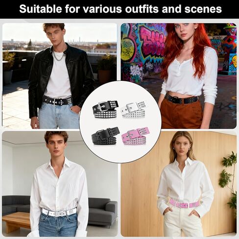 طقم أحزمة مرصعة مكونة من 4 قطع، Y2k Alt Punk Emo Grunge مع أحزمة معدنية لامعة بحلقة معدنية للنساء والرجال in Kuwait