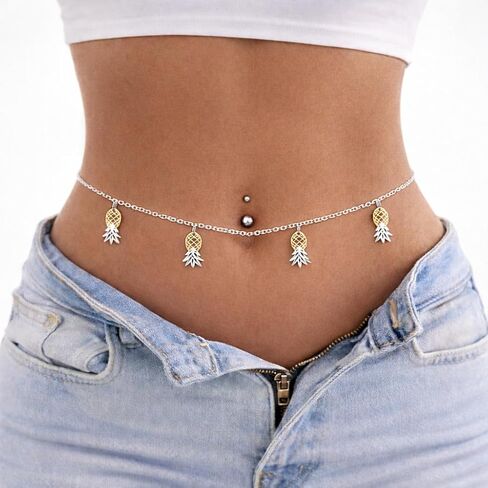 Upside Down Pineapple Waist Chain – Upside Down Pineapple Belly Chain - Gold & Silver Colored Stainless Steel Combo – 27.5" Adjustable to 35.5" in Saudi Arabia