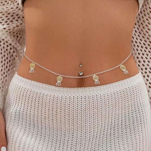 Upside Down Pineapple Waist Chain – Upside Down Pineapple Belly Chain - Gold & Silver Colored Stainless Steel Combo – 27.5" Adjustable to 35.5" in Saudi Arabia