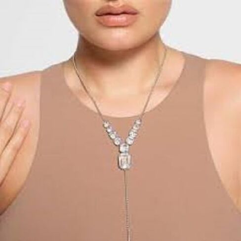 سلسلة جسم كريستال سواروفسكي، X SKIMS 5678062 مجوهرات غريبة للجسم، Swarovski x SKIMS، قطع مختلطة، سلسلة صندوقية، على شكل حرف Y، أبيض، ستانلس ستيل مطلي بالروديوم in Saudi Arabia