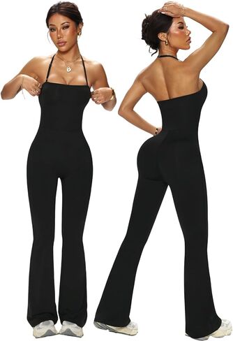 Women's Jumpsuit Adjustable Spaghetti Strap Romper Flare Leg Bodycon One Piece with Scoop Neck Tummy Control Jumpsuit in Saudi Arabia