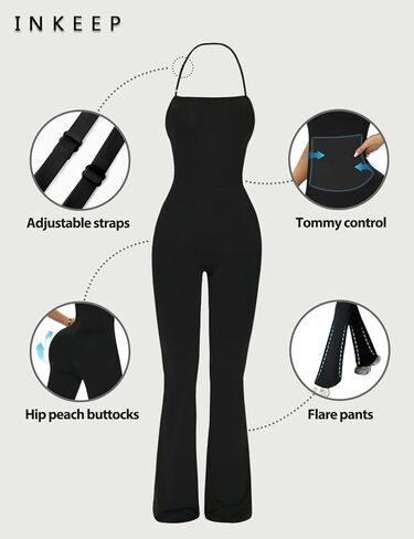 Women's Jumpsuit Adjustable Spaghetti Strap Romper Flare Leg Bodycon One Piece with Scoop Neck Tummy Control Jumpsuit in Saudi Arabia