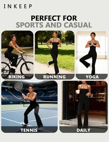 Women's Jumpsuit Adjustable Spaghetti Strap Romper Flare Leg Bodycon One Piece with Scoop Neck Tummy Control Jumpsuit in Saudi Arabia