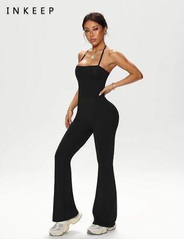 Women's Jumpsuit Adjustable Spaghetti Strap Romper Flare Leg Bodycon One Piece with Scoop Neck Tummy Control Jumpsuit in Saudi Arabia