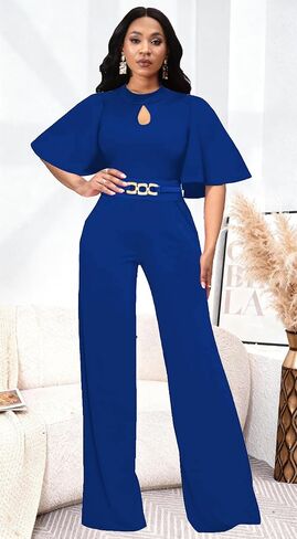 Yiershu Womens Casual Loose Ruffles Short Sleeve Belted Wide Leg Pant Romper Jumpsuit Casual Business One Piece Outfits in Saudi Arabia