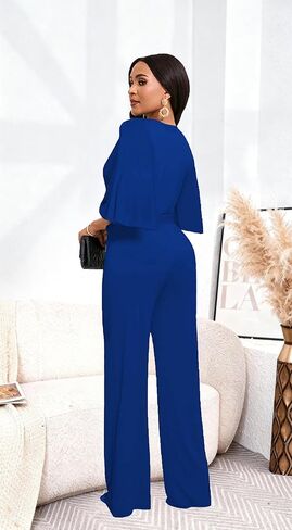 Yiershu Womens Casual Loose Ruffles Short Sleeve Belted Wide Leg Pant Romper Jumpsuit Casual Business One Piece Outfits in Saudi Arabia