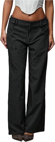 سروال فستان نسائي مخطط منخفض الارتفاع من GORGLITTER بنطال مستقيم وواسع الساق للعمل غير رسمي مع جيوب in Kuwait