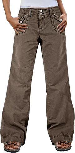 Flamingals Straight Leg Pants for Women Mid Rise Baggy Cargo Solid Dual Button Patch Pocket Casual Pants in Saudi Arabia