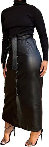 Faux PU Leather Maxi Long Skirt with Belt, Women Button Down Slit Skirt in Saudi Arabia