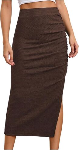 تنورة SOLY HUX النسائية ذات الخصر العالي والمكشكشة والمقسمة، تنانير طويلة للخروج in Kuwait