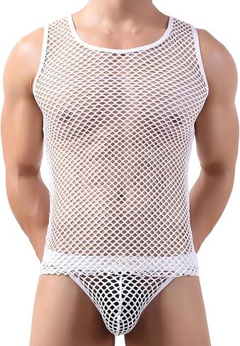 Men’s Mesh Sheer Fishnet Muscle Top Fitted Sleeveless Night Clubwear See Through Workout Gym Undershirt Tank Top in Saudi Arabia