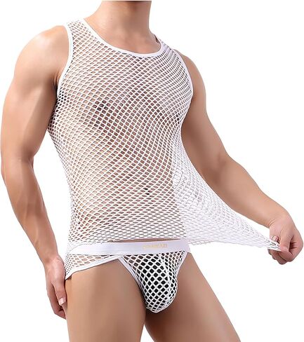 Men’s Mesh Sheer Fishnet Muscle Top Fitted Sleeveless Night Clubwear See Through Workout Gym Undershirt Tank Top in Saudi Arabia