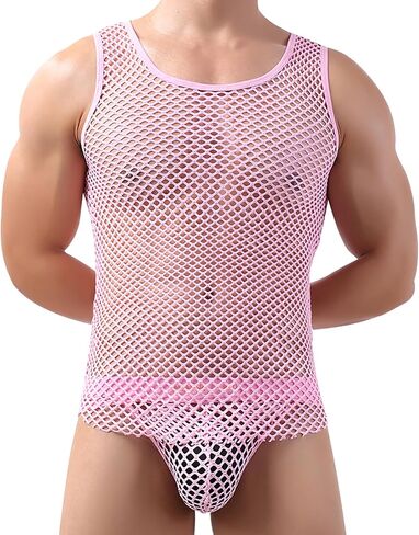 Men’s Mesh Sheer Fishnet Muscle Top Fitted Sleeveless Night Clubwear See Through Workout Gym Undershirt Tank Top in Saudi Arabia