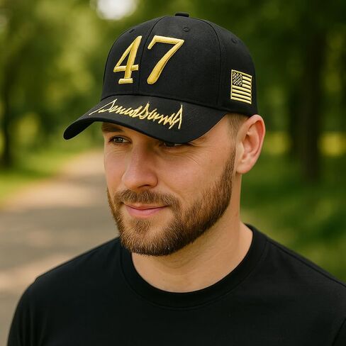 Trump 47 Black Cap with Gold Embroidery – Hook & Loop Adjustable Patriotic Hat in Saudi Arabia